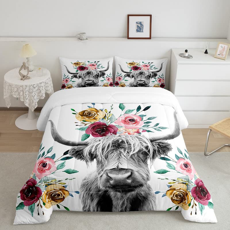 Feelyou Cow Comforter Set Highland Cattle Flowers Comforter Floral Printed Bedding Set for Kids Adults 1 Comforter & 1 Pillowcase