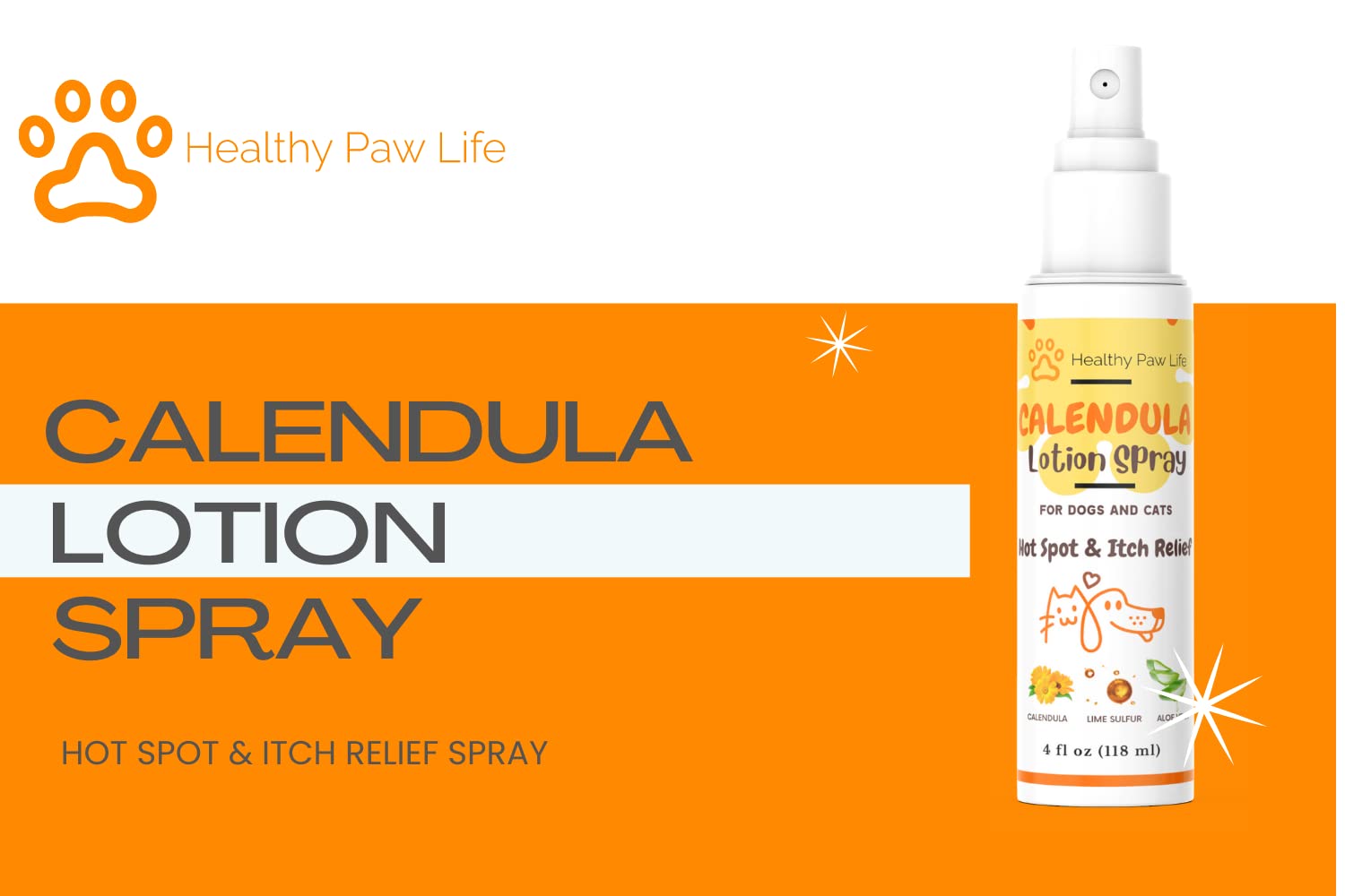 Healthy Paw Life Calendula Spray for Dogs, Cats, Horses – Hot Spot and Itch Relief Spray for Irritated and Dry Skin, Dermatitis and Allergies (4 fl oz)