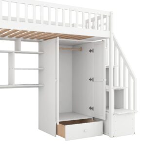 Quarte Multifunctional Wooden Twin Size Loft Bed with Built-in Desk,Bookshelf and Wardrobe,Drawers and Storage Stairs,for Kids Boys Girls Teens Adults Bedroom (White@r)