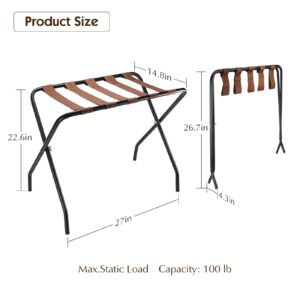 OFIDELITY Luggage Rack 1 Pack, Folding Metal Suitcase Stand Shelf with Brown Nylon Straps and Steel Frame, Guest Room, Hotel, Bedroom, Closet Essentials , Holds up to 100 lb (Black)