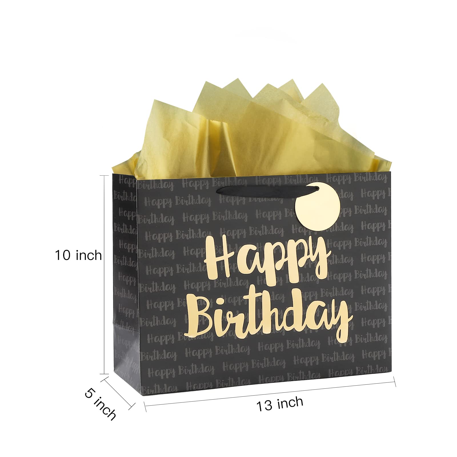 Loveinside Black and Gold Birthday Gift Bag with Tissue Paper for Birthday, Baby Shower, Party, and More - 13" x 5" x 10", 1 Pcs