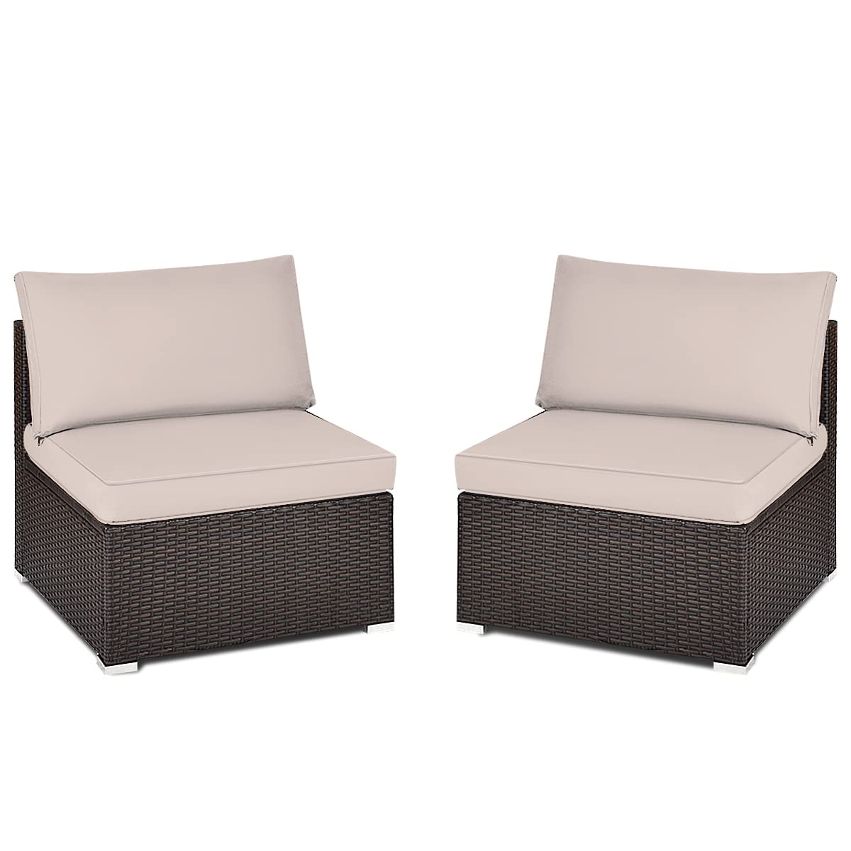 RELAX4LIFE 2-Piece Wicker Armless Sofa - PE Rattan Sectional Sofa Set w/Removable Cushions, All-Weather Sofa Chair Set for Porch, Balcony, Garden, Poolside, Outdoor Patio Sofa (Brown)