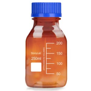 stonylab storage bottles with gl45 screw cap, 250 ml amber borosilicate glass graduated round storage bottle for lab reagent media storage bottles with blue screw cap, 1 pack