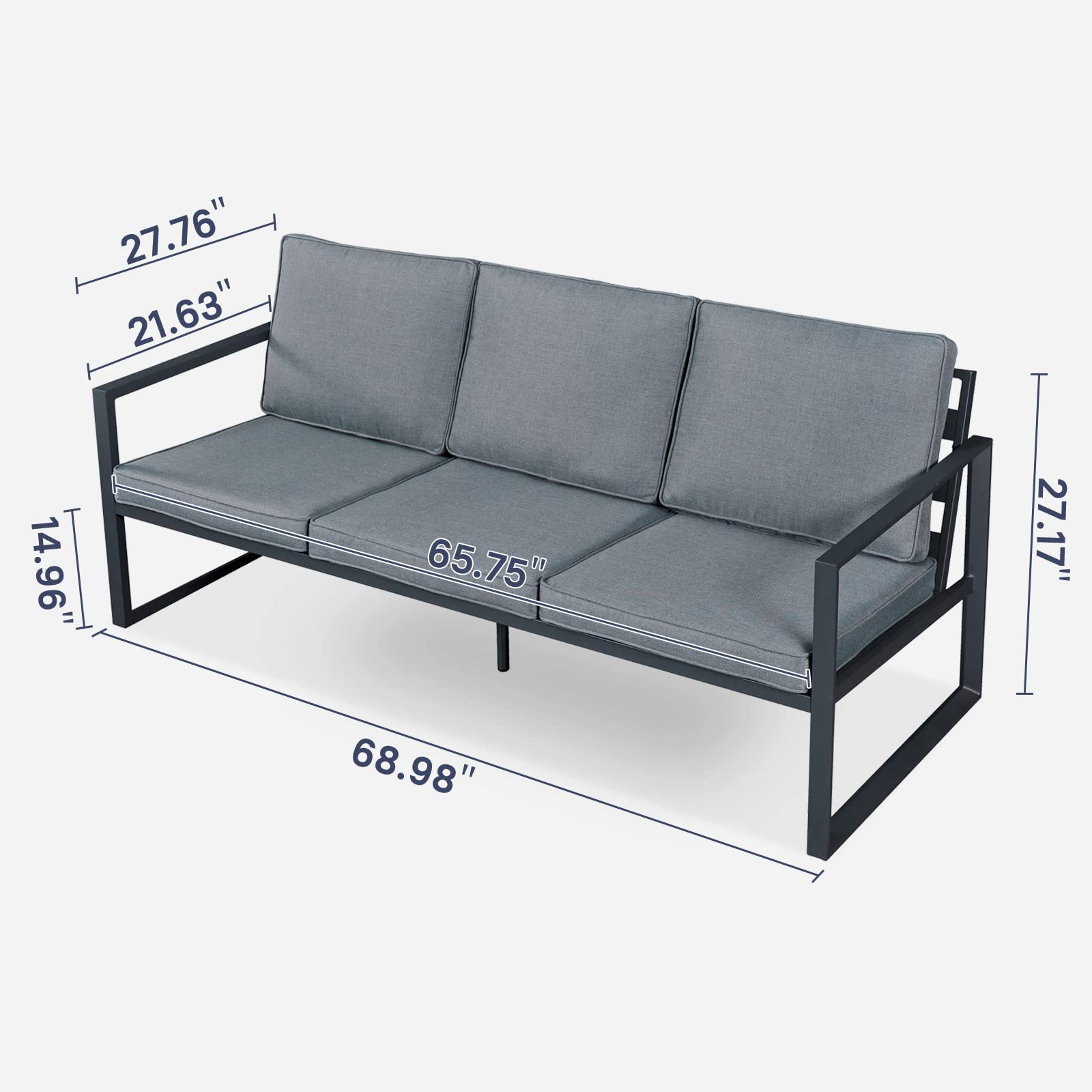 RICNOD Outdoor Sofa, Outdoor Furniture with 3 Seats, All-Weather All-Aluminum Frame with Removable Waterproof Cushion, for Backyards, Poolside, Balcony or Kitchen, Grey