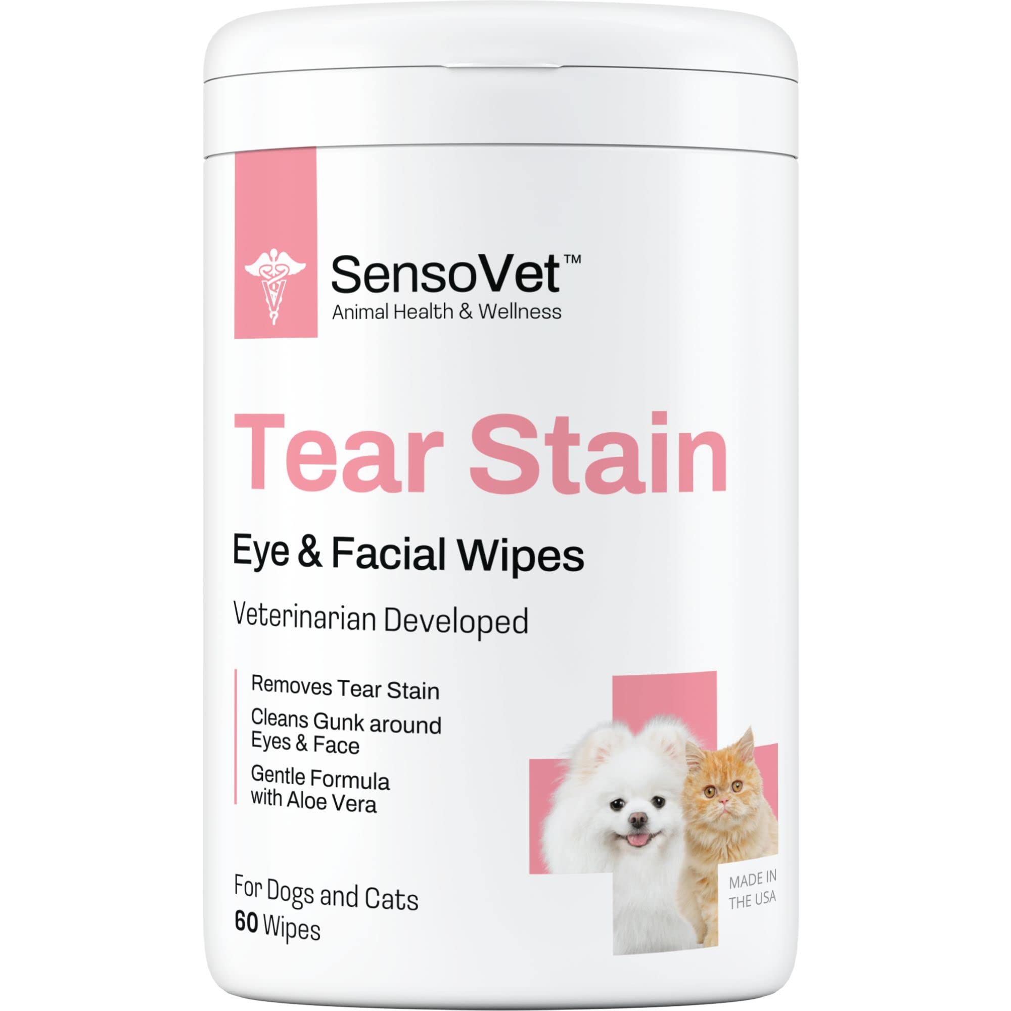 SensoVet Tear Stain Remover Eye Wipes for Dogs & Cats, Cleans Eye Boogers and Gunk Discharge, Facial Cleansing with Aloe Vera (Fragrance Free)