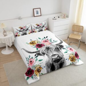 Feelyou Cow Comforter Set Highland Cattle Flowers Comforter Floral Printed Bedding Set for Kids Adults 1 Comforter & 1 Pillowcase