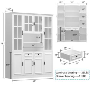 Homsee Tall Bookcase Bookshelf with 15 Storage Shelves, Drawers & 4 Glass Doors, Wooden Display Storage Cabinet with 15 Compartments for Home Office, Living Room, White (63" W x 15.7" D x 78.7" H)