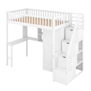 Quarte Multifunctional Wooden Twin Size Loft Bed with Built-in Desk,Bookshelf and Wardrobe,Drawers and Storage Stairs,for Kids Boys Girls Teens Adults Bedroom (White@r)