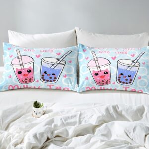 Boba Duvet Cover Girl Loves Boba Comforter Cover Kawaii Bubble Tea Stuffed Bedding Set for Kids Adults Cartoon Boba Bedspread Cover Full Size Bedclothes Zipper (No Comforter)