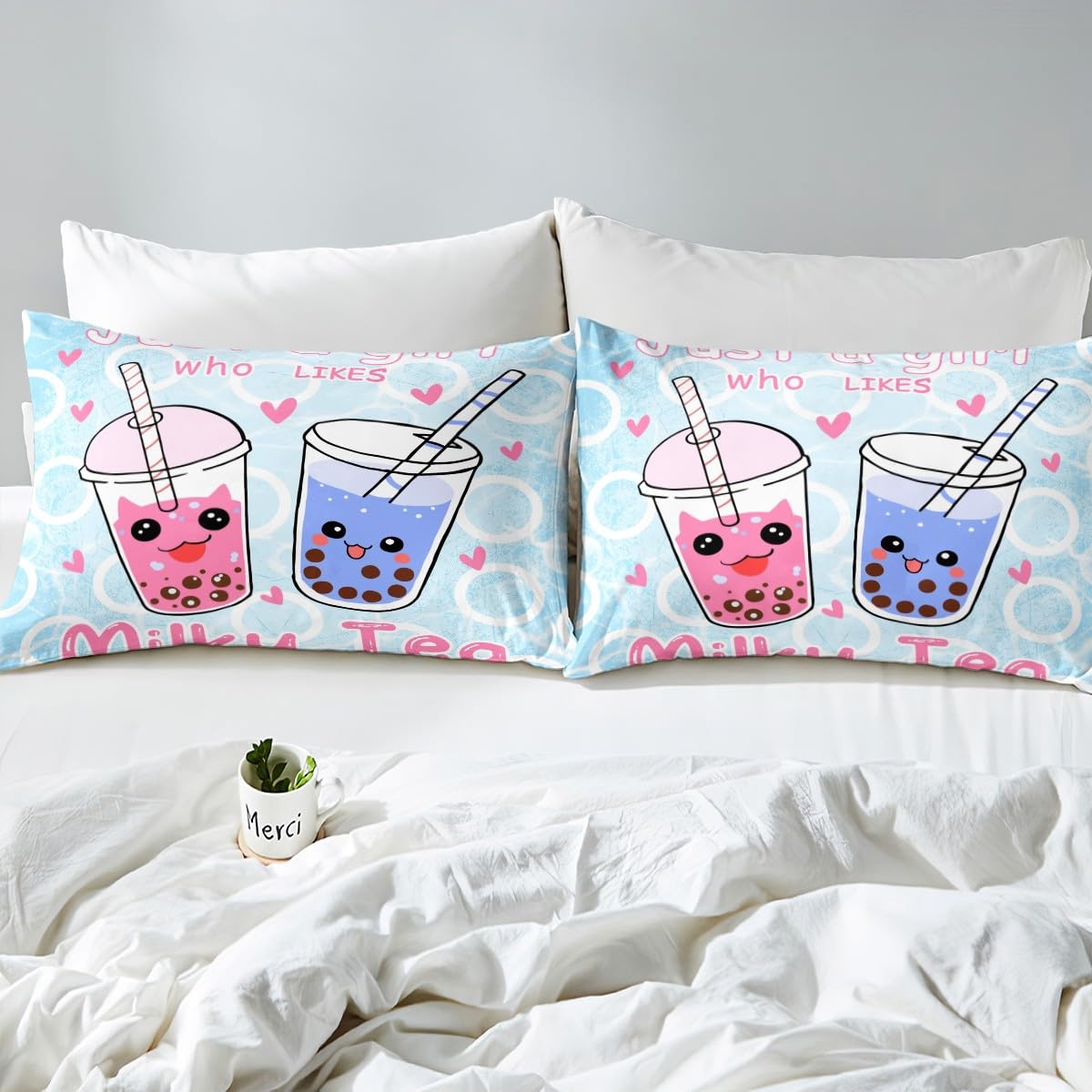 Boba Duvet Cover Girl Loves Boba Comforter Cover Kawaii Bubble Tea Stuffed Bedding Set for Kids Adults Cartoon Boba Bedspread Cover Full Size Bedclothes Zipper (No Comforter)