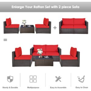 RELAX4LIFE 2-Piece Patio Rattan Loveseat - Sectional Corner Sofa Set w/Removable Cushions & Pillows, All Weather Furniture Set for Porch, Poolside, Balcony, Yard, Outdoor Wicker loveseat (Red)