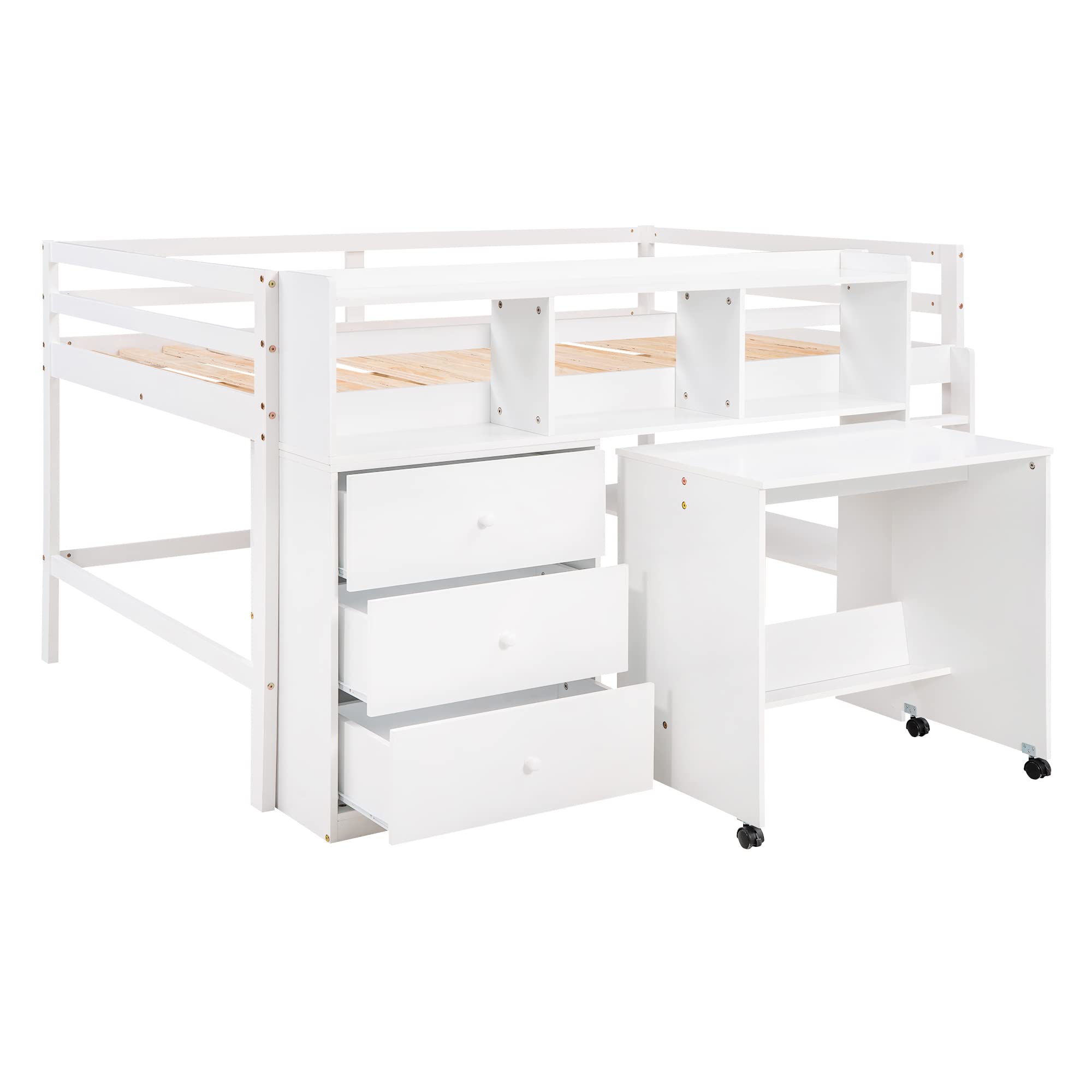 Bellemave Full Size Loft Bed with Rolling Portable Desk Solid Wood Loft Beds with Storage Shelves & Drawers, Low Loft Bed for Kids, Boys and Girls, Teens, No Box Spring Needed (White)