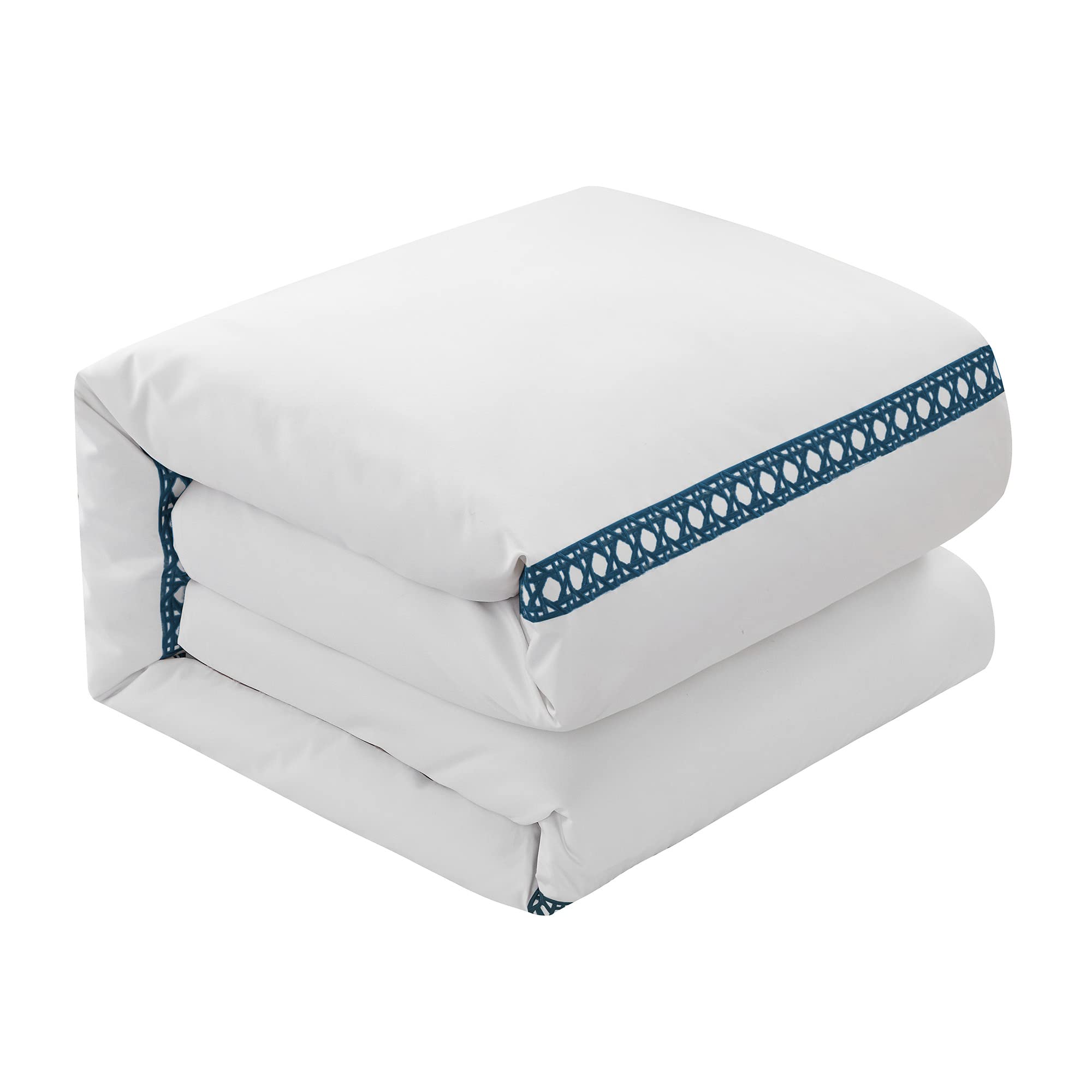 Chic Home Lewiston 3 Piece Cotton Blend Duvet Cover 1500 Thread Count Set Solid White with Embroidered Lattice Stitching Details Bedding – Includes Two Pillow Shams, Queen, Navy Blue