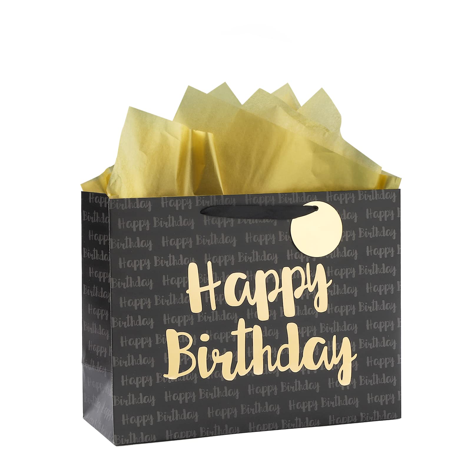 Loveinside Black and Gold Birthday Gift Bag with Tissue Paper for Birthday, Baby Shower, Party, and More - 13" x 5" x 10", 1 Pcs