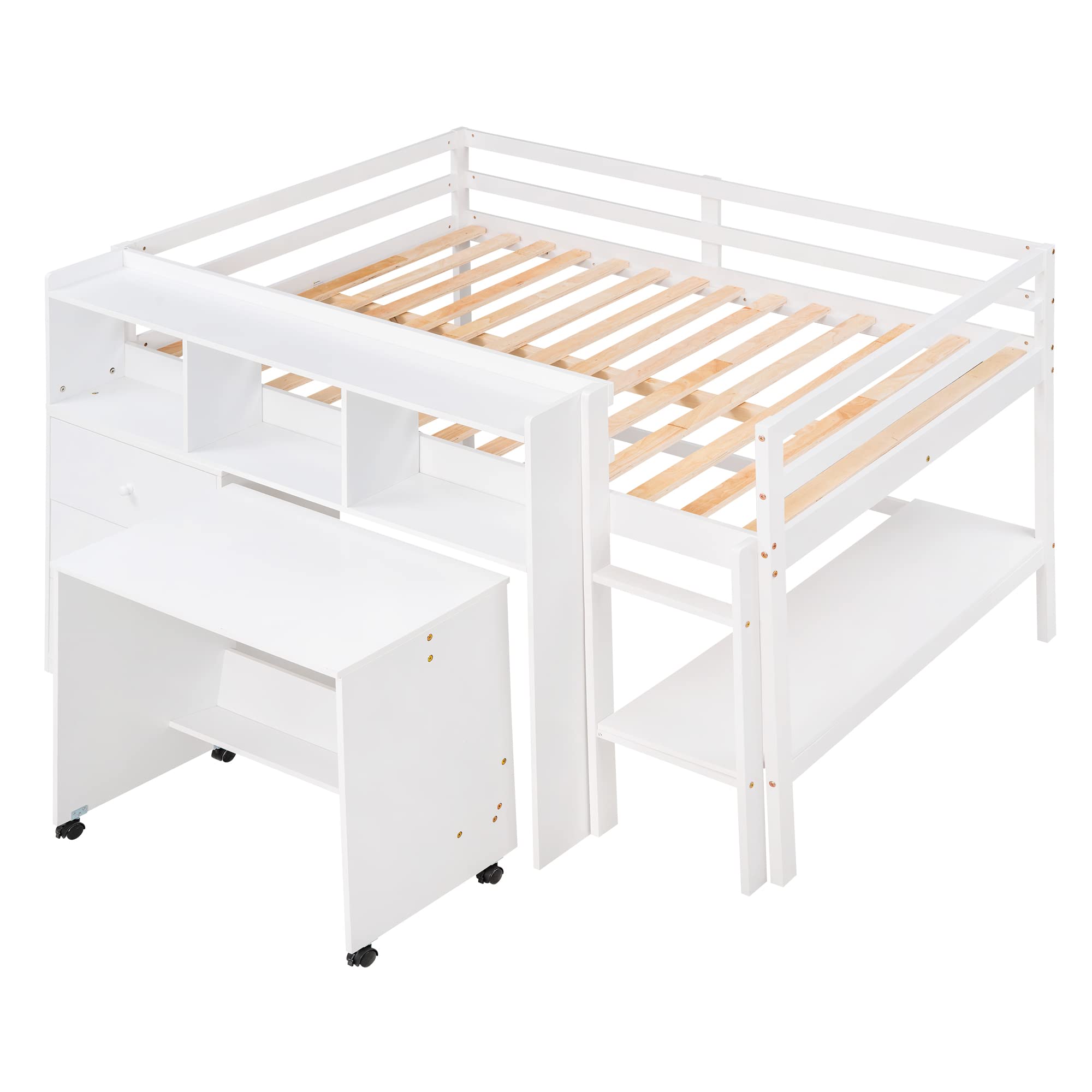 Bellemave Full Size Loft Bed with Rolling Portable Desk Solid Wood Loft Beds with Storage Shelves & Drawers, Low Loft Bed for Kids, Boys and Girls, Teens, No Box Spring Needed (White)