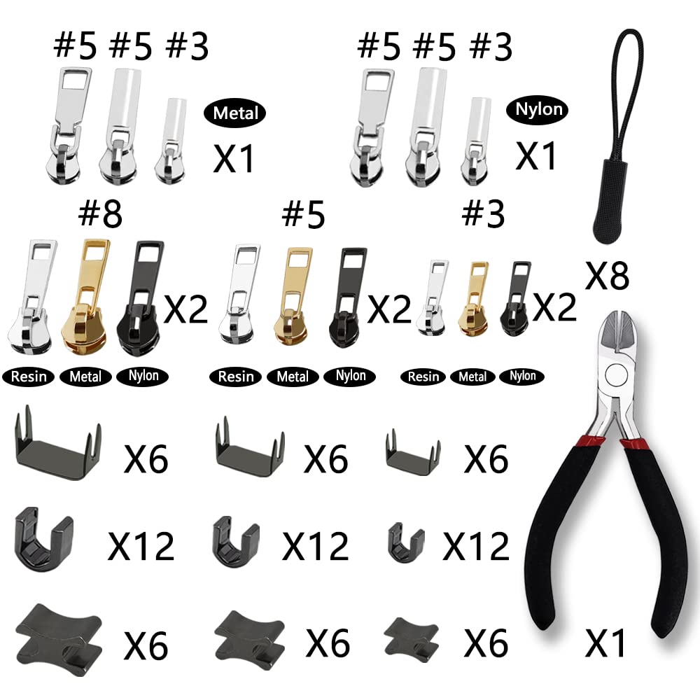 105 Pieces Zipper Repair Kit #3#5#8, Zipper Replacement with Install Plier for Repairing Coats, Jackets, Tents, Backpacks, Sleeping Bag, Luggage