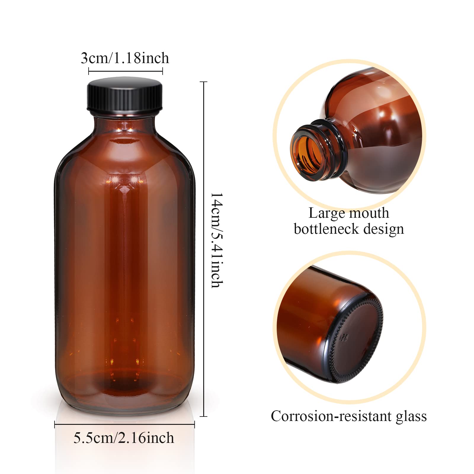 Nuenen 16 Pack 8 oz Amber Boston Round Glass with Black Poly Cone Cap Boston Bottle Brown Amber Glass Bottle for Homemade Vanilla Extract Essential Oils Lab Chemicals