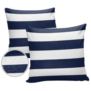 Nautical Stripe Outdoor Waterproof Throw Pillow Covers, Decorative Pillowcases Polyester Cushion Covers for Garden Patio Tent Sofa Couch Pack of 2 16x16 inch, Navy Blue White Stripes