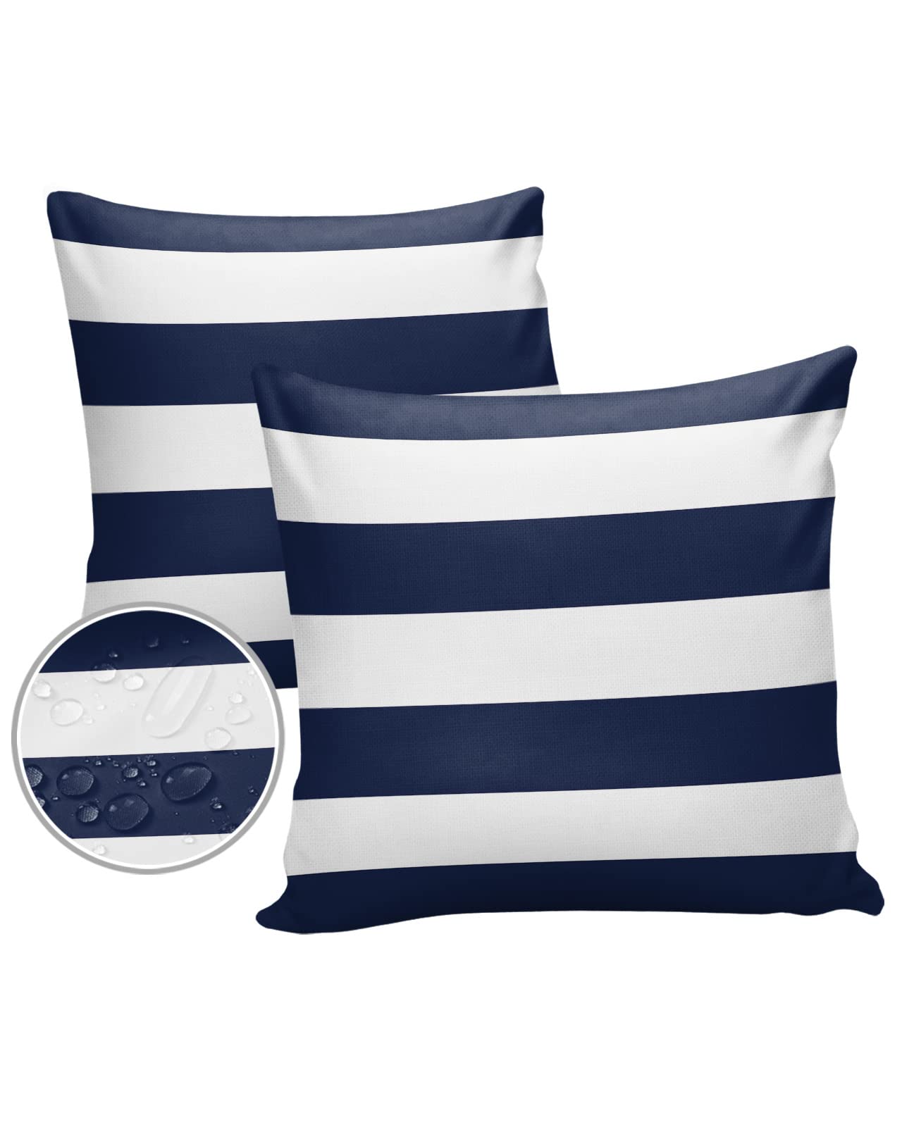 Nautical Stripe Outdoor Waterproof Throw Pillow Covers, Decorative Pillowcases Polyester Cushion Covers for Garden Patio Tent Sofa Couch Pack of 2 16x16 inch, Navy Blue White Stripes