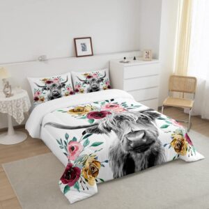 Feelyou Cow Comforter Set Highland Cattle Flowers Comforter Floral Printed Bedding Set for Kids Adults 1 Comforter & 1 Pillowcase