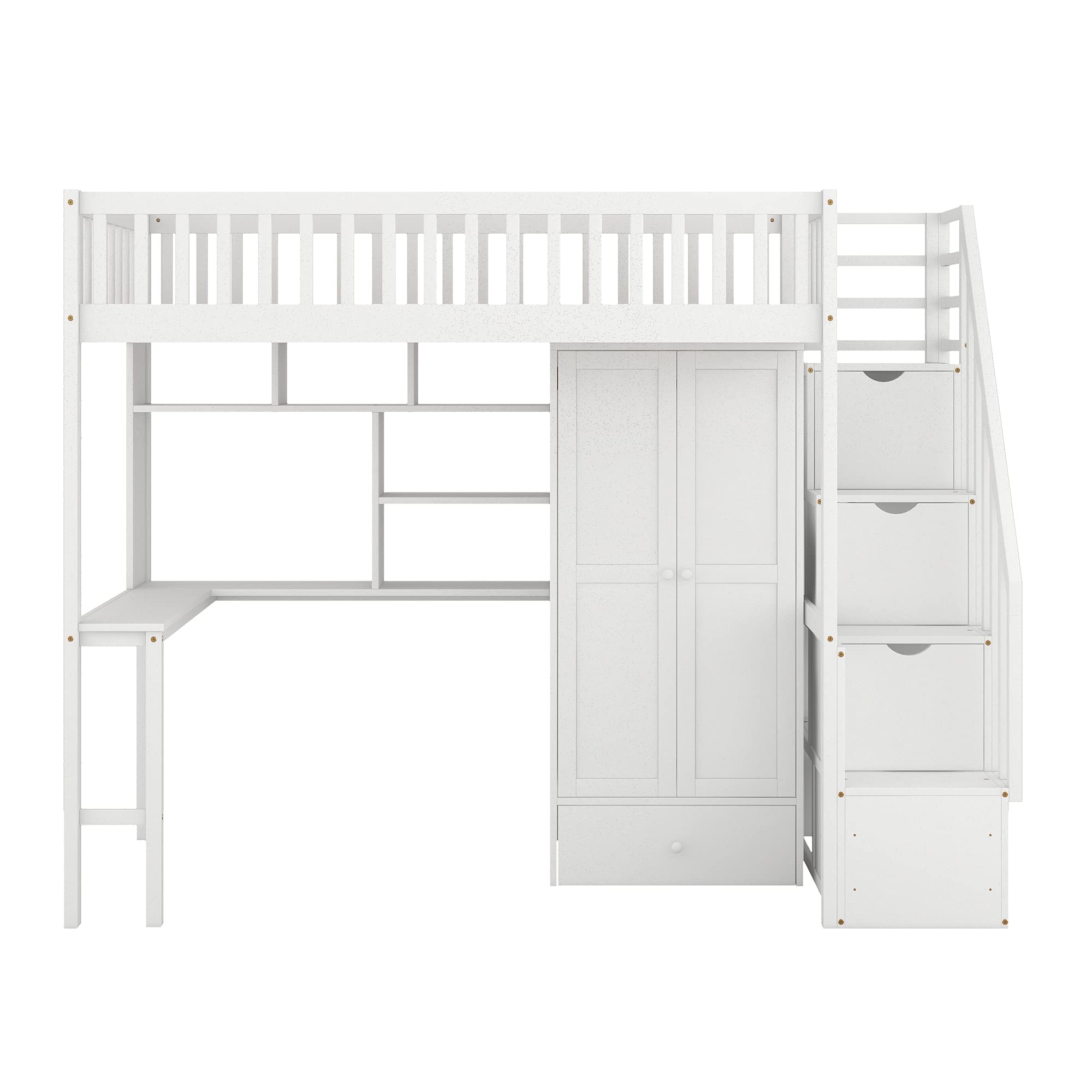 Quarte Multifunctional Wooden Twin Size Loft Bed with Built-in Desk,Bookshelf and Wardrobe,Drawers and Storage Stairs,for Kids Boys Girls Teens Adults Bedroom (White@r)