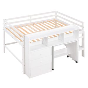 Bellemave Full Size Loft Bed with Rolling Portable Desk Solid Wood Loft Beds with Storage Shelves & Drawers, Low Loft Bed for Kids, Boys and Girls, Teens, No Box Spring Needed (White)