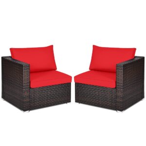 relax4life 2-piece patio rattan loveseat - sectional corner sofa set w/removable cushions & pillows, all weather furniture set for porch, poolside, balcony, yard, outdoor wicker loveseat (red)