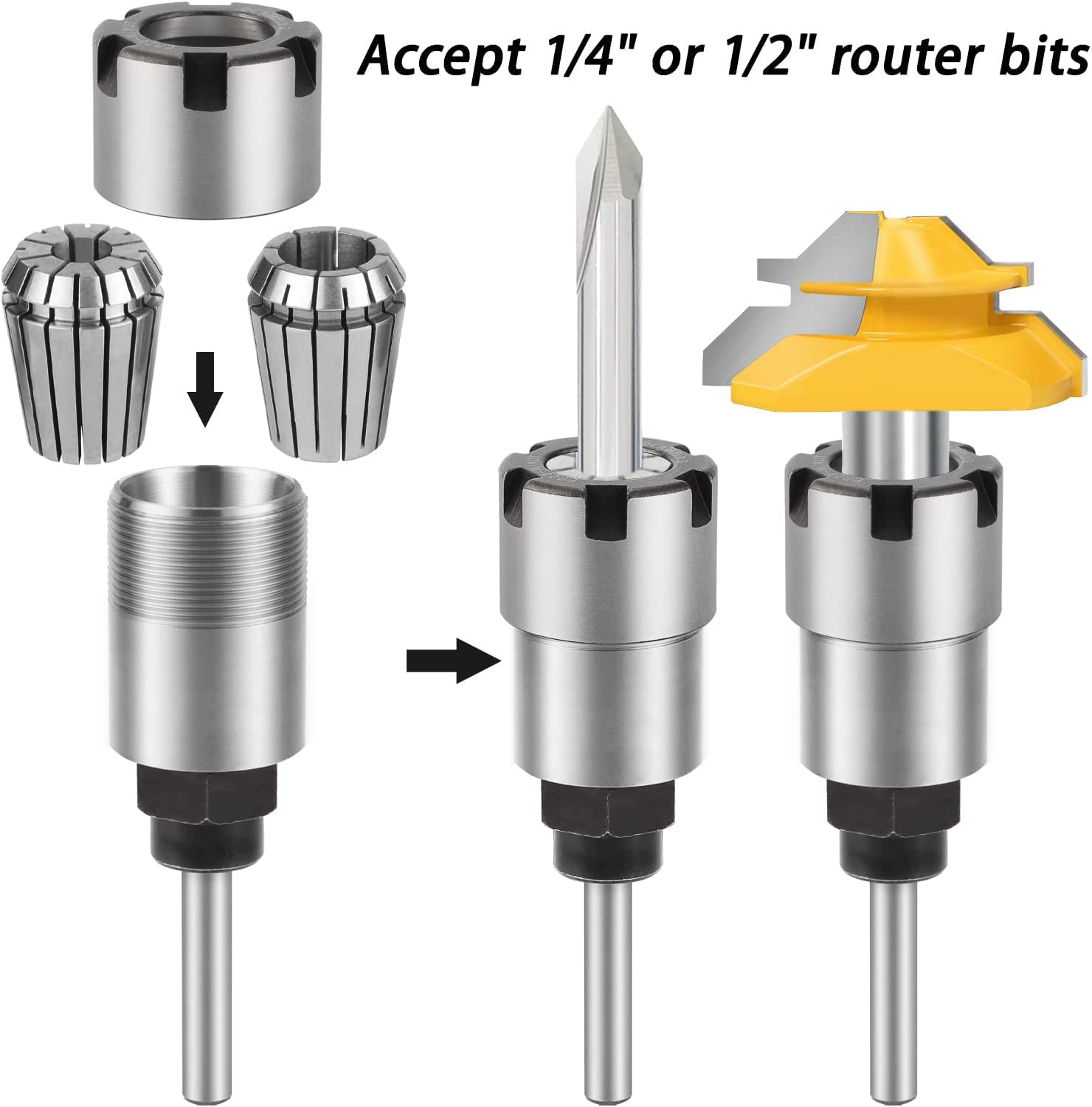 1/4 Inch Shank Router Bit Collet Extension Chuck Converter Adapter, Convert 1/2-Inch & 1/4-Inch Shank Bits with ER20 Spring Collet, Router Collet, ER20 M Type Collet Chuck Wrench Spanner -(Pack of 5)