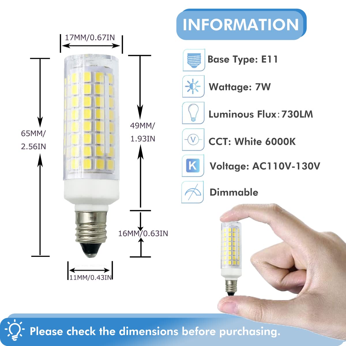 ZSSXOLED [Pack of 5] E11 LED Light Bulb 7W Dimmable E11 Mini Candelabra Base 75W Halogen Equivalent, T3/T4 JD E11 LED Corn Bulb for Indoor Chandeliers Cabinet Decorative Lighting White 6000K