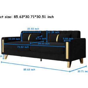 Kadway Modern Velvet Sofa Couch, 86" Large Loveseat Sectional Sofa Couch with Gold Legs for 3-4 Persons, Upholstered Deep Seat Love Seat Sofa Chaise for Living Room Office Apartment Black