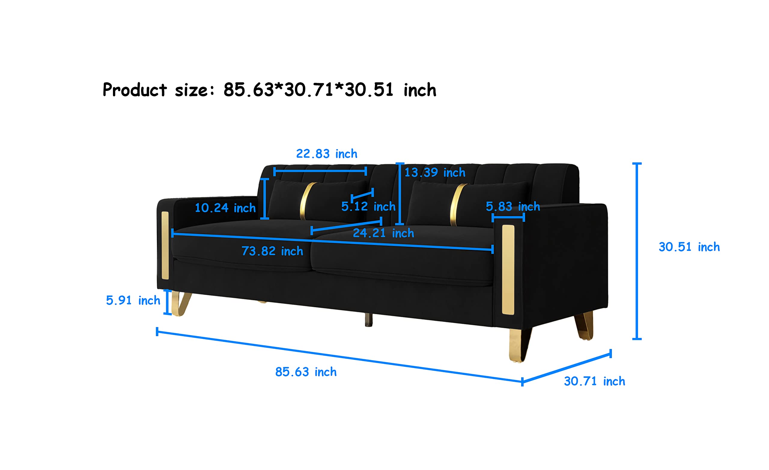 Kadway Modern Velvet Sofa Couch, 86" Large Loveseat Sectional Sofa Couch with Gold Legs for 3-4 Persons, Upholstered Deep Seat Love Seat Sofa Chaise for Living Room Office Apartment Black