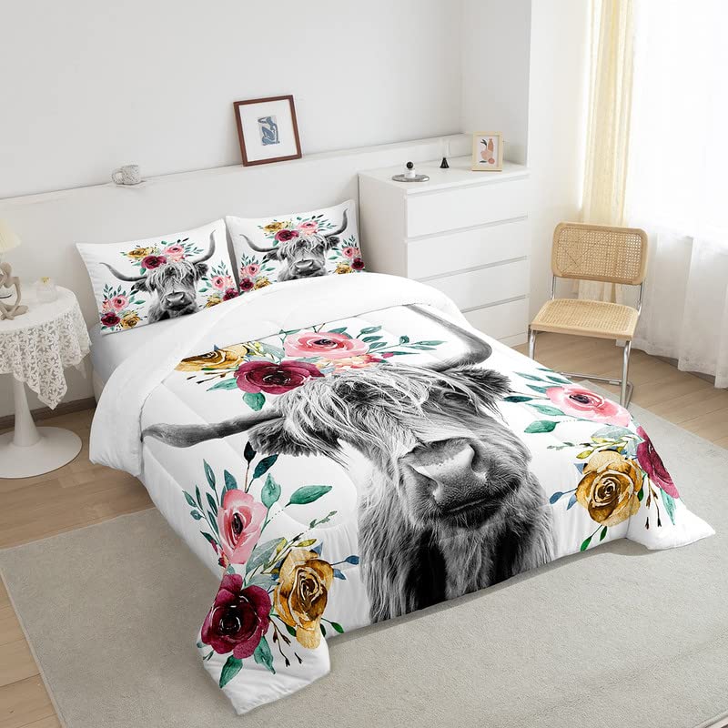 Feelyou Cow Comforter Set Highland Cattle Flowers Comforter Floral Printed Bedding Set for Kids Adults 1 Comforter & 1 Pillowcase