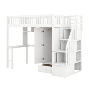 Quarte Multifunctional Wooden Twin Size Loft Bed with Built-in Desk,Bookshelf and Wardrobe,Drawers and Storage Stairs,for Kids Boys Girls Teens Adults Bedroom (White@r)