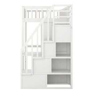 Quarte Multifunctional Wooden Twin Size Loft Bed with Built-in Desk,Bookshelf and Wardrobe,Drawers and Storage Stairs,for Kids Boys Girls Teens Adults Bedroom (White@r)