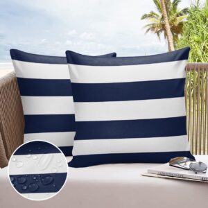 Nautical Stripe Outdoor Waterproof Throw Pillow Covers, Decorative Pillowcases Polyester Cushion Covers for Garden Patio Tent Sofa Couch Pack of 2 16x16 inch, Navy Blue White Stripes