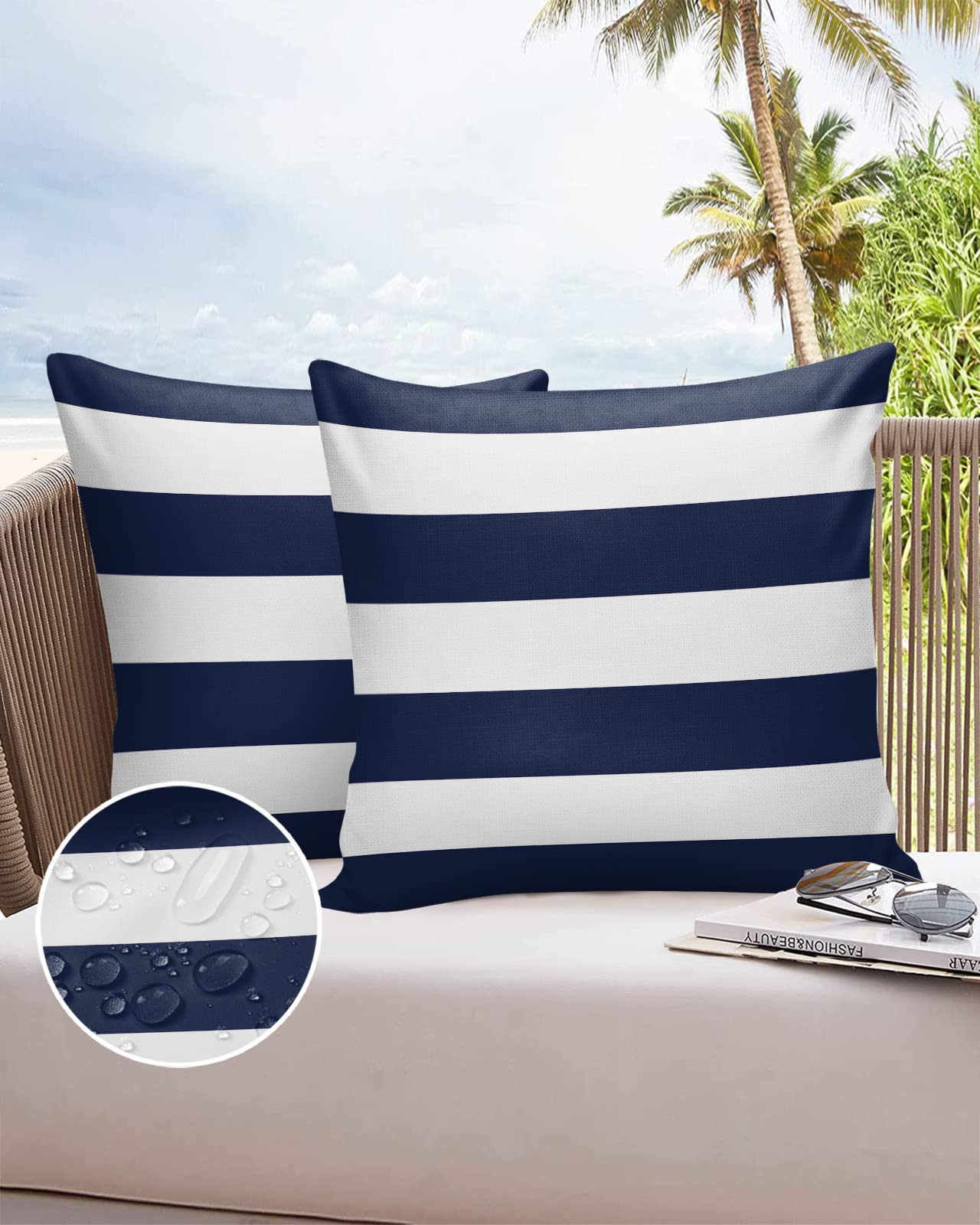 Nautical Stripe Outdoor Waterproof Throw Pillow Covers, Decorative Pillowcases Polyester Cushion Covers for Garden Patio Tent Sofa Couch Pack of 2 16x16 inch, Navy Blue White Stripes