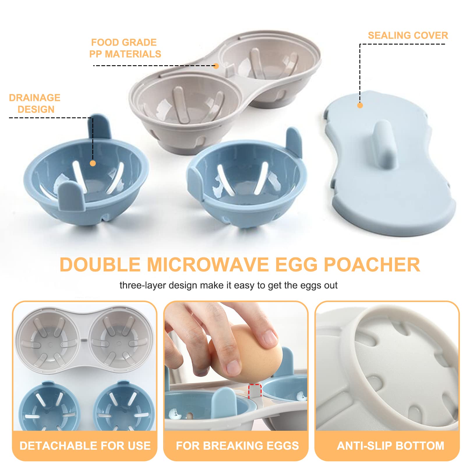 Egg Poacher Microwave Egg Cooker, 2 Cavity Edible Silicone Double Drain Poached Egg Cups, Microwave Egg Poacher Kitchen Cooking Gadgets