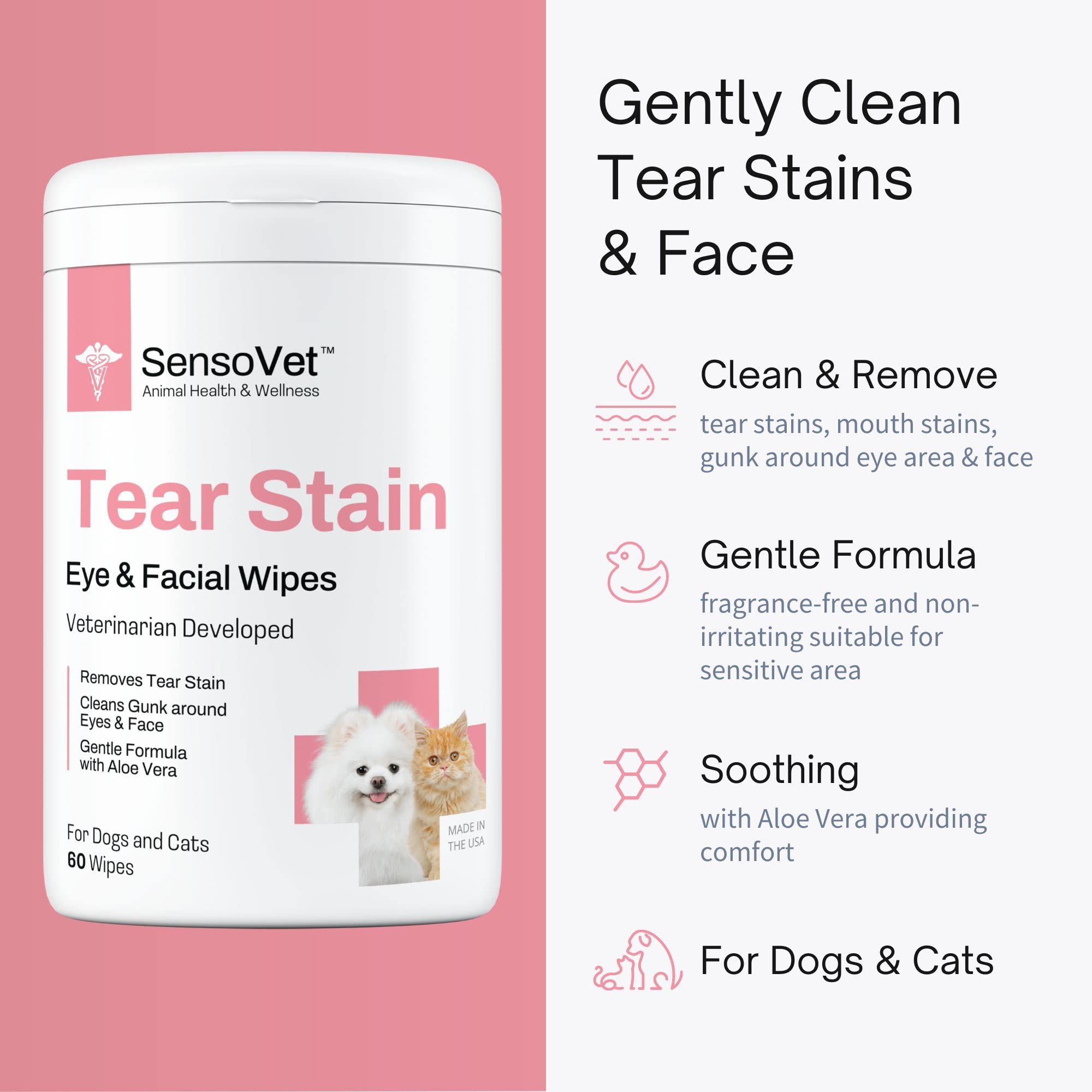 SensoVet Tear Stain Remover Eye Wipes for Dogs & Cats, Cleans Eye Boogers and Gunk Discharge, Facial Cleansing with Aloe Vera (Fragrance Free)