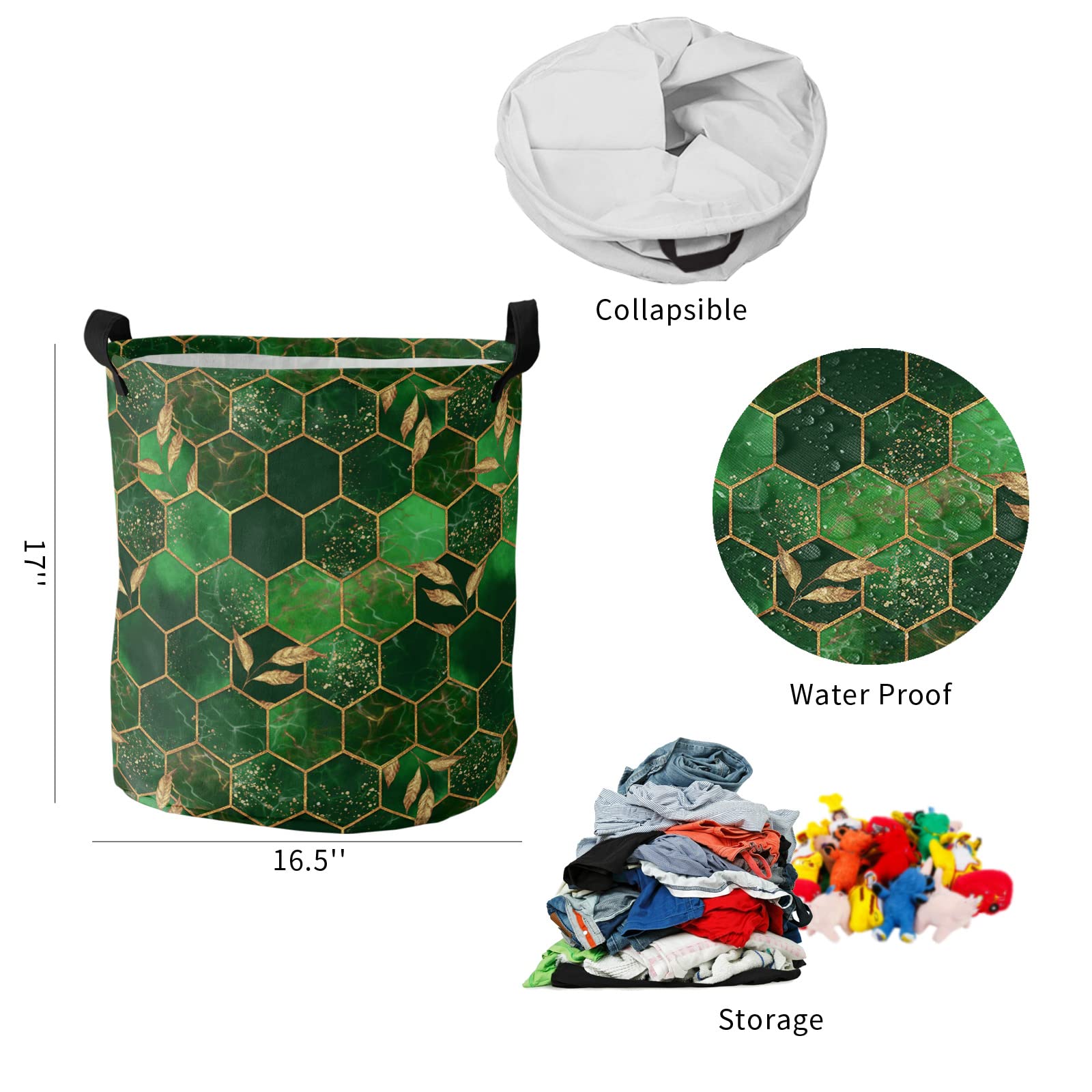 Marble Large Laundry Basket, Collapsible Bag with Easy Carry Handles, Gradient Emerald Green Grid Comb Plaid Waterproof Foldable Freestanding Hamper, Folding Washing Bin Clothes Storage Round