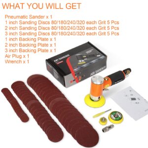 NuoDunco 1/2/3 Inch Mini Random Orbital Air Sander Kit Industrial Grade Pneumatic Sander for Auto Body Work with 60 Pcs 1"2"3" Hook & Loop Sanding Discs for Metal & Woodworking