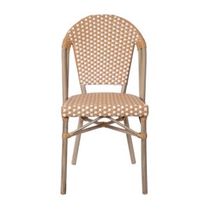 EMMA + OLIVER Colmar Bistro Chair - Natural & White Woven PE Seat and Back - Light Bamboo Finish Aluminum Frame - Set of Two