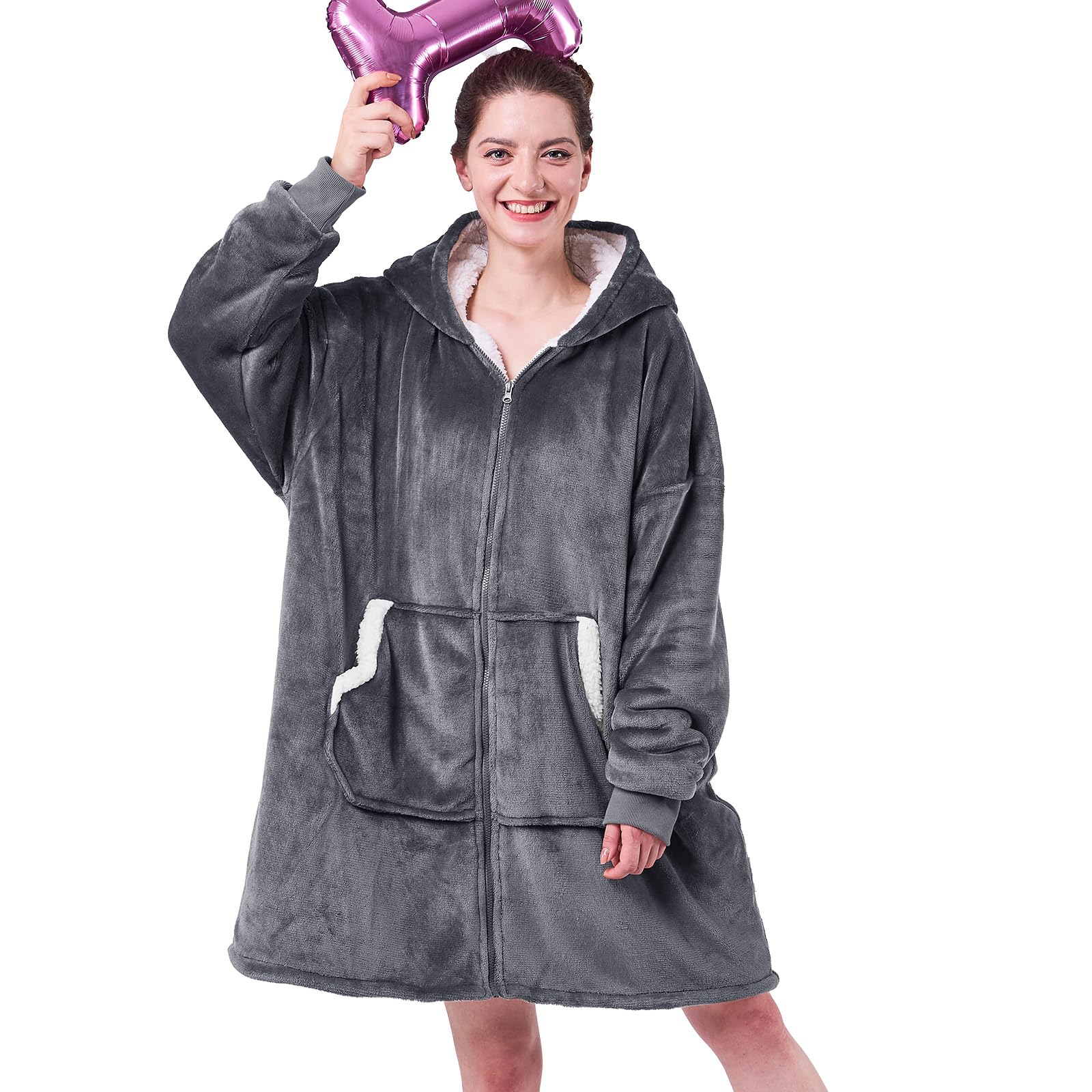 JOYWOO Kids Wearable Blanket Hoodie, Oversized Sherpa Hooded Blanket Birthday Christmas Gifts for Girl Boy, Cozy Sweatshirt Blanket with Giant Pocket and Zipper, Gray