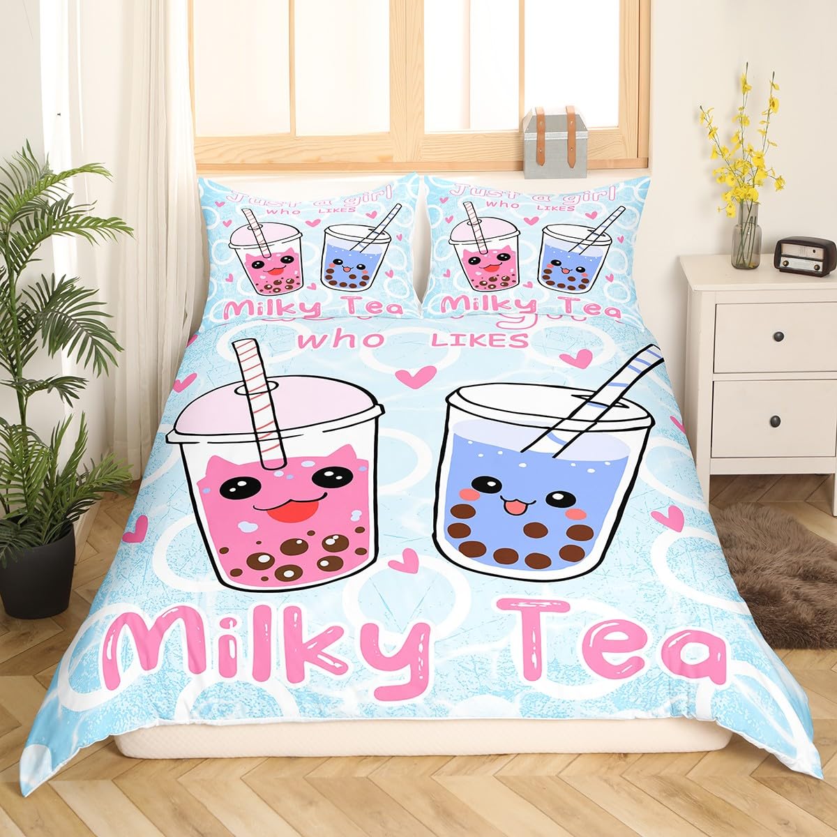 Boba Duvet Cover Girl Loves Boba Comforter Cover Kawaii Bubble Tea Stuffed Bedding Set for Kids Adults Cartoon Boba Bedspread Cover Full Size Bedclothes Zipper (No Comforter)