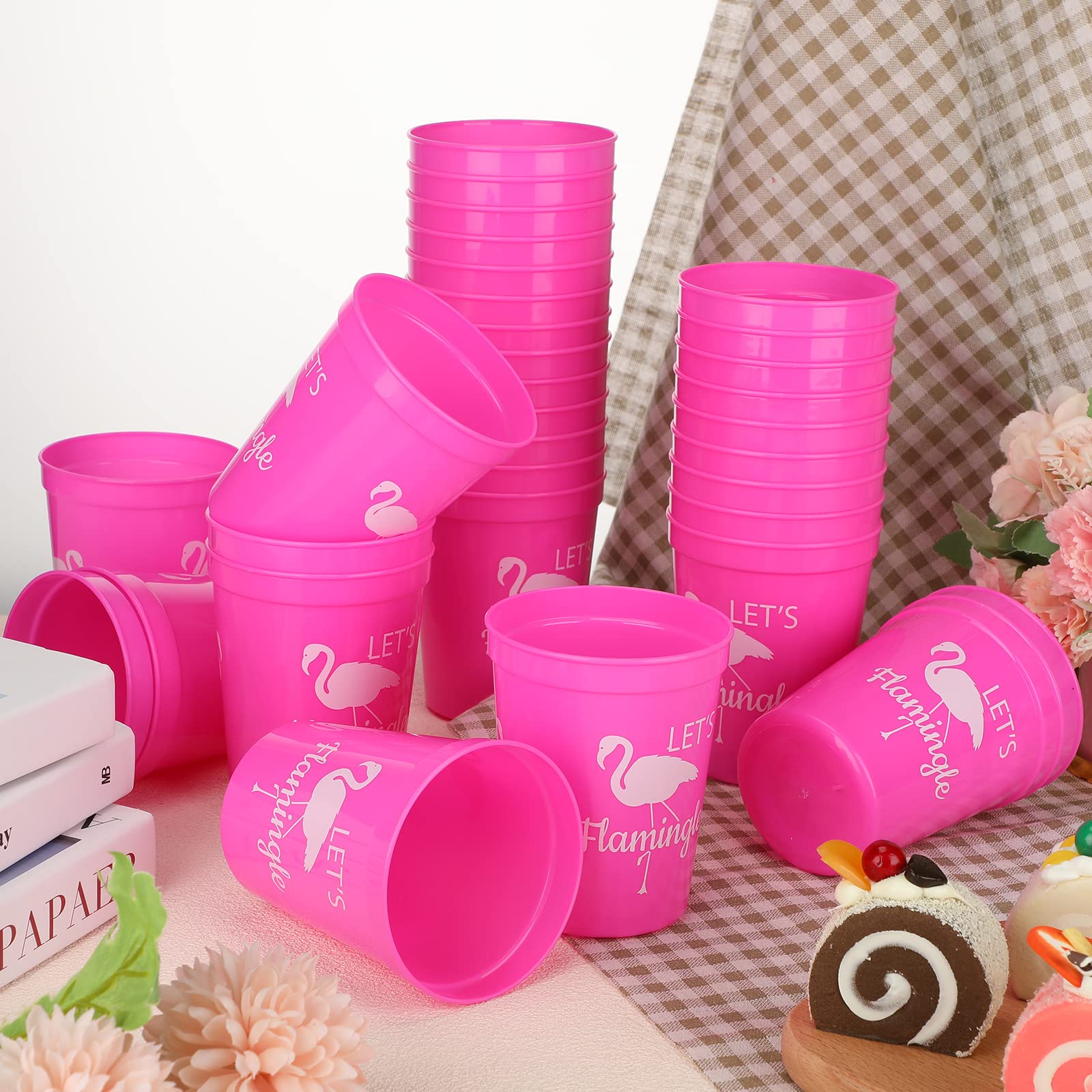 Sabary 32 Pcs Let's Flamingle Cups 16 oz Stadium Reusable Party Cups for Flamingo Party Supplies, Birthday Party, Bachelorette Party, and Bridal Showers (Pink)