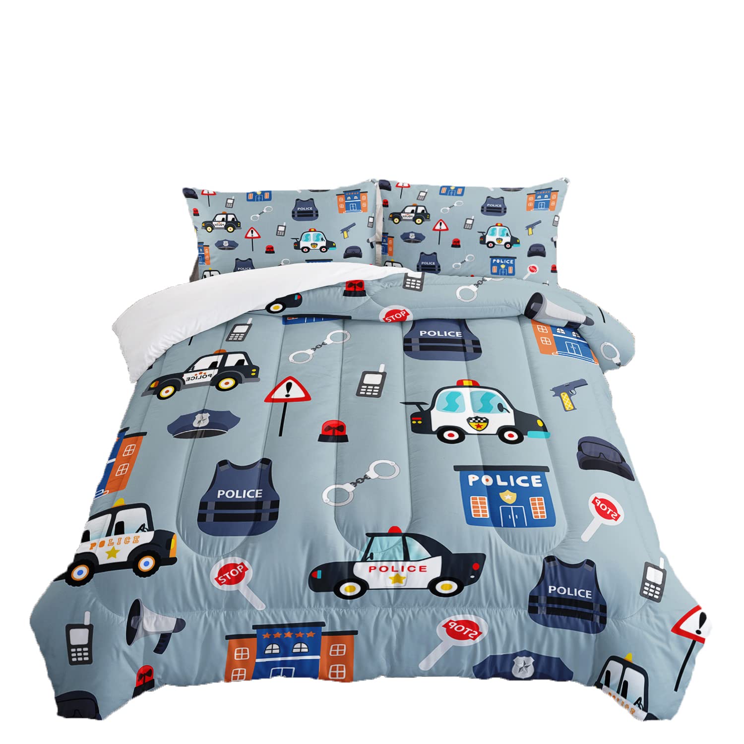 BBchose 3D Cartoon Police Car Bedding Set for Kids，Lovely Police Equipment Ultra Soft All Seasons Comforter Set Kawaii Police Theme Bed Set 1 Comforter 2 Pillowcases (Blue, Twin)