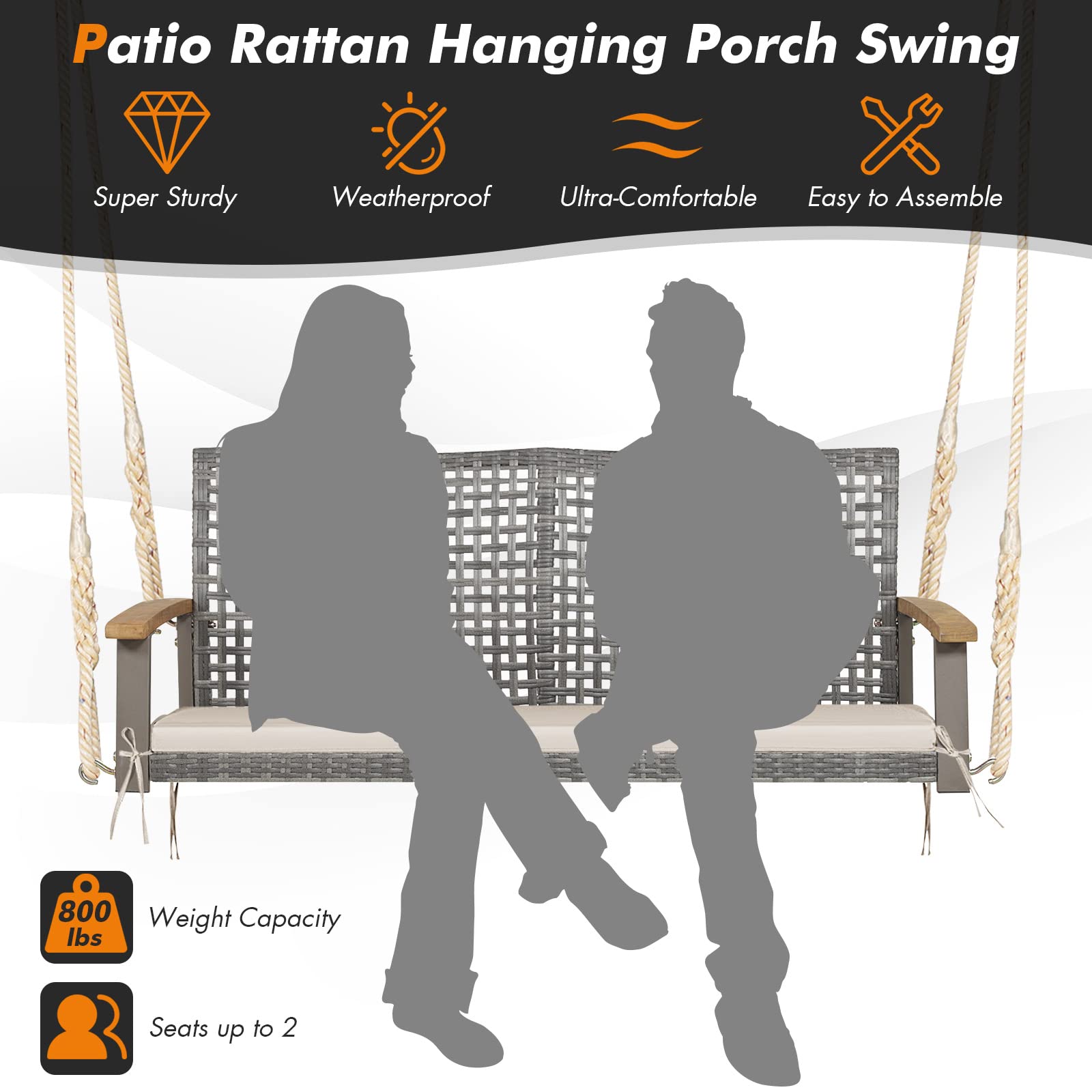 RELAX4LIFE 2-Seater Outdoor Porch Swing - Patio PE Rattan Hanging Swing Bench with Seat Cushion and Strong Hanging Ropes, Wicker Swing Loveseat Bench for Porch, Backyard, Garden, 800 lbs (Off White)