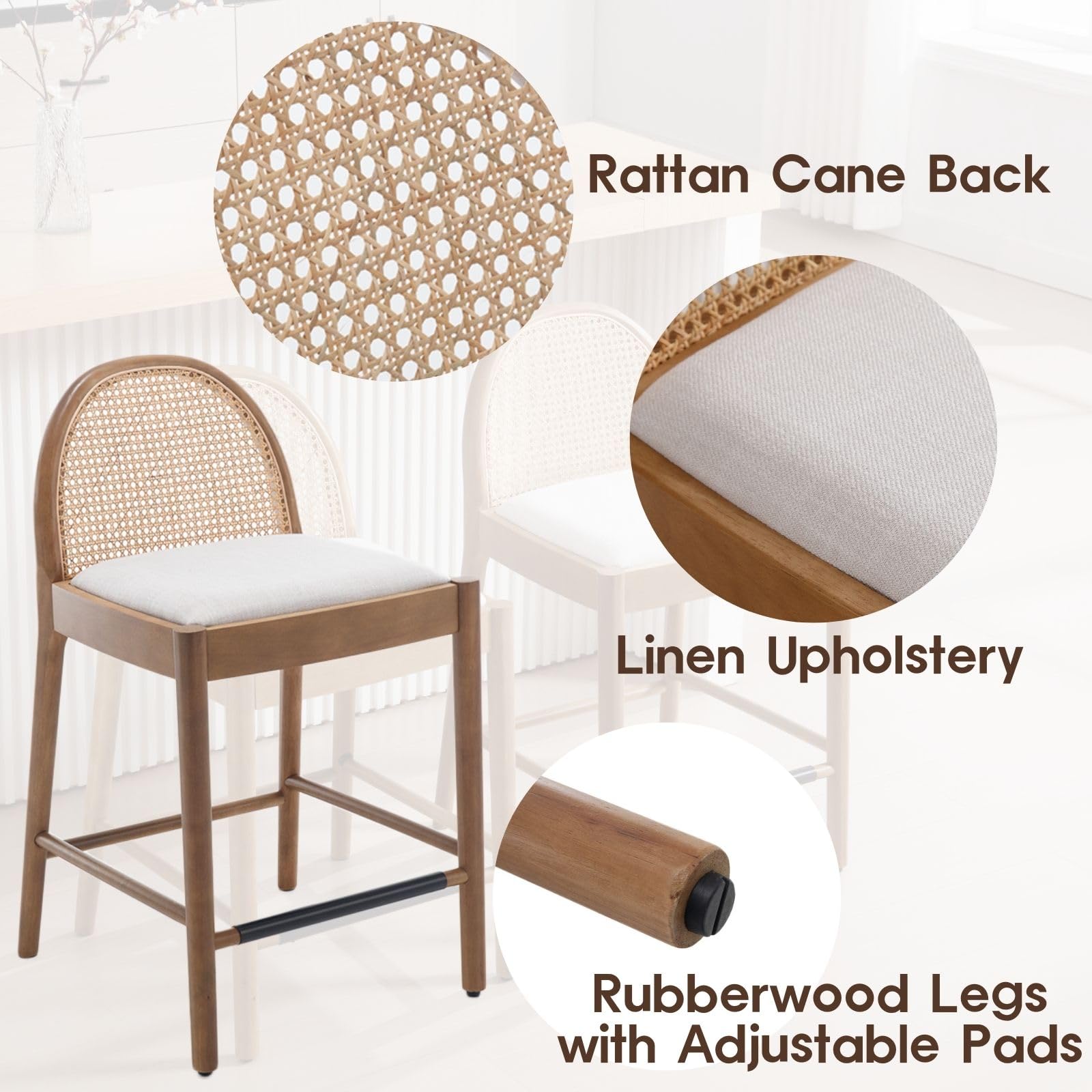 LukeAlon Modern Linen Counter Stools Set of 4, 26" Seat Height Low Bar Stools with Wooden Legs Natural Rattan Cane Back Counter Height Bar Chairs with Footrest for Home Pub Kitchen, Beige