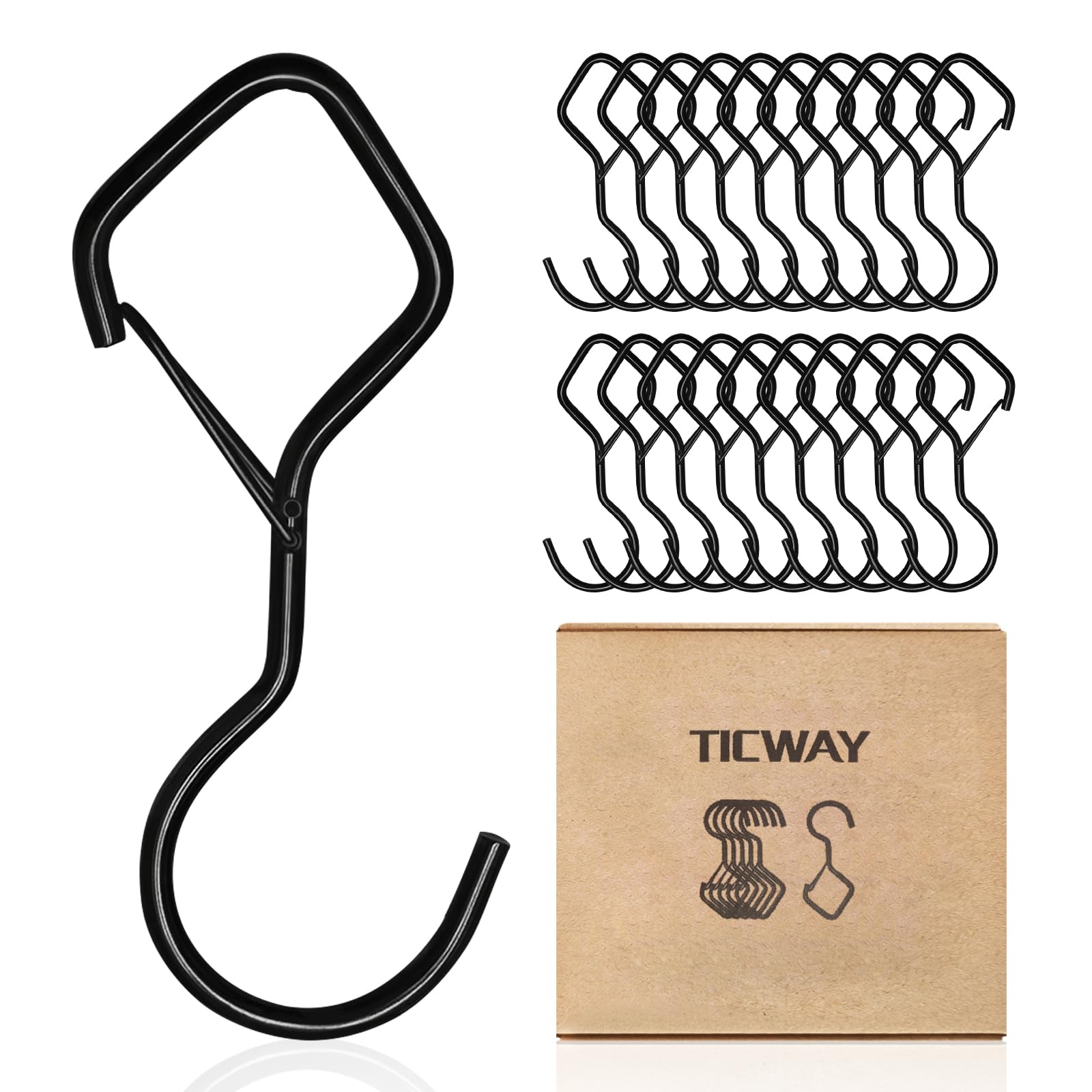 Ticway 12 PCS S Hooks for Hanging,4 Inch Heavy Duty Closet Hooks with Safety Buckle,Closet Hooks Hanging for Plants,Clothes,Kitchen Utensil,String Lights,Handbags,Belt,Hat,Cup (12 Pack, Black)