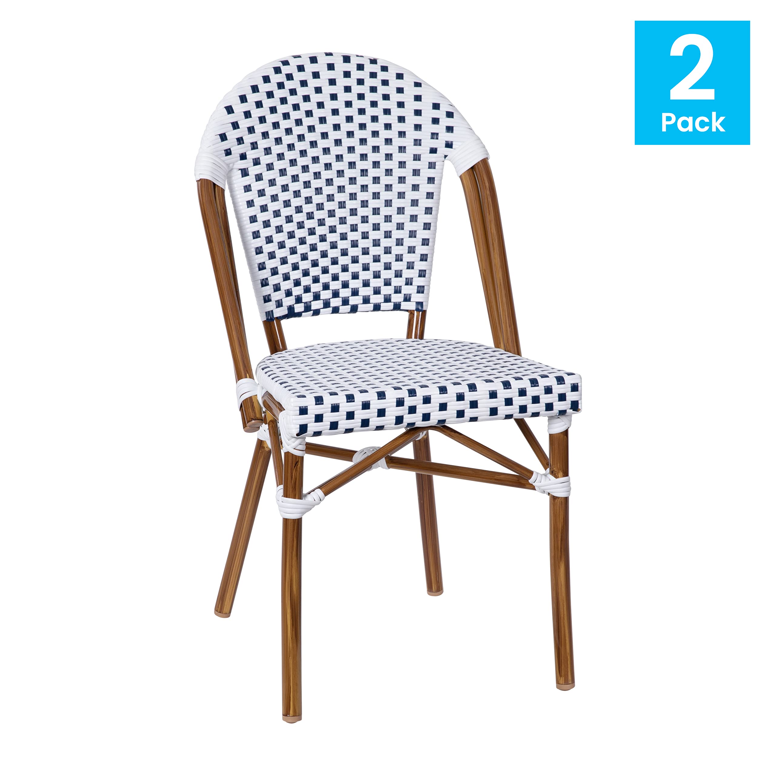 Merrick Lane Celia Bistro Chair - White & Navy Woven PE Seat and Back - Bamboo Finish Aluminum Frame - Set of Two