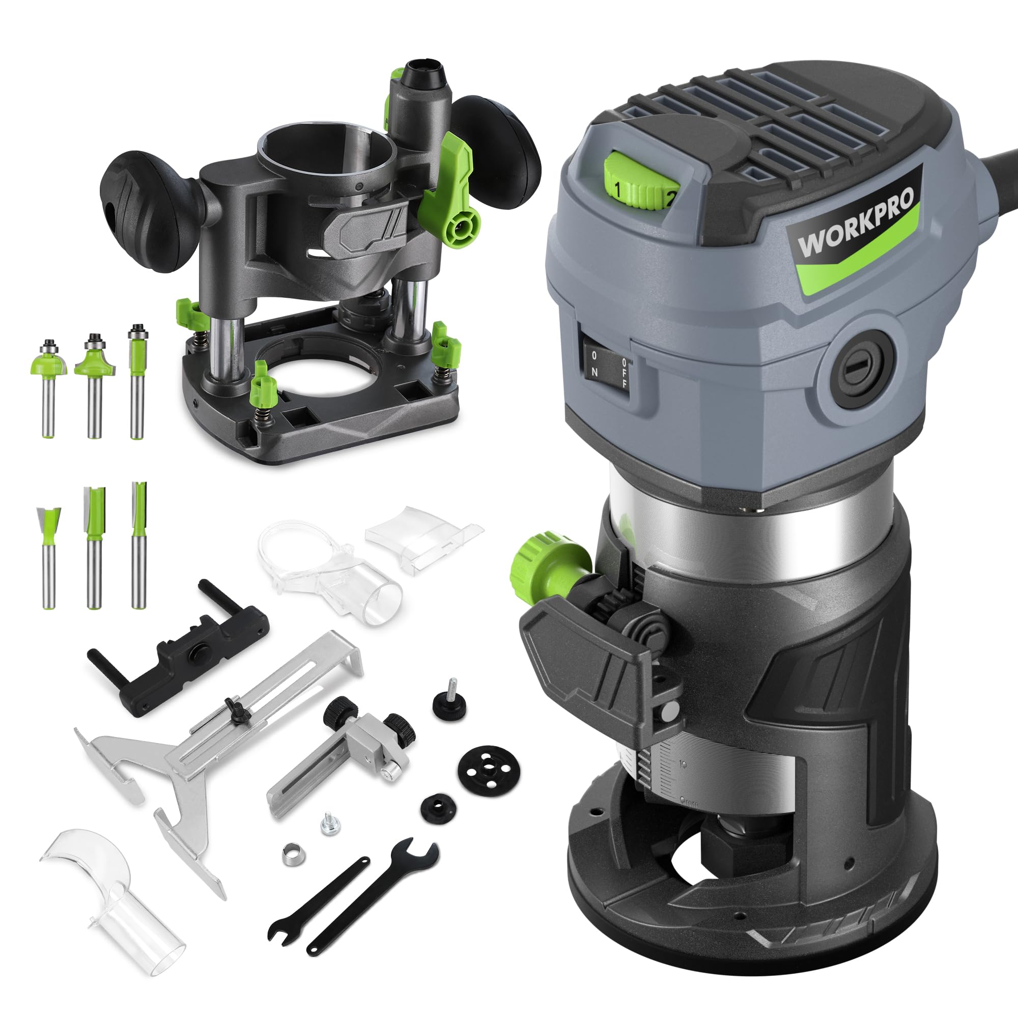 WORKPRO Compact Router Combo Kit, 6.5 Amp Compact Router Fixed Base & Plunge Router for Woodworking Slotting Trimming, 6 Variable Speeds to 32000 RPM